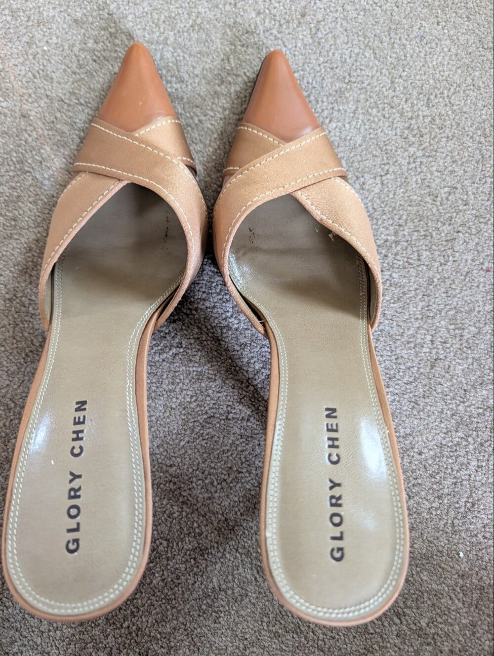 Glory Chen Tan/Brown & Gold Pointed‑Toe Heels – Size 9.5